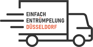 Lkw mit Schriftzug "Einfach Entrümpelung Düsseldorf" in Schwarz und Orange, Hinweis auf Entrümpelungsdienst in Düsseldorf.