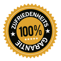 Rundes Gold-Schwarz-Abzeichen mit 100 % in der Mitte und dem Schriftzug "Zufriedenheits Garantie" am Rand.